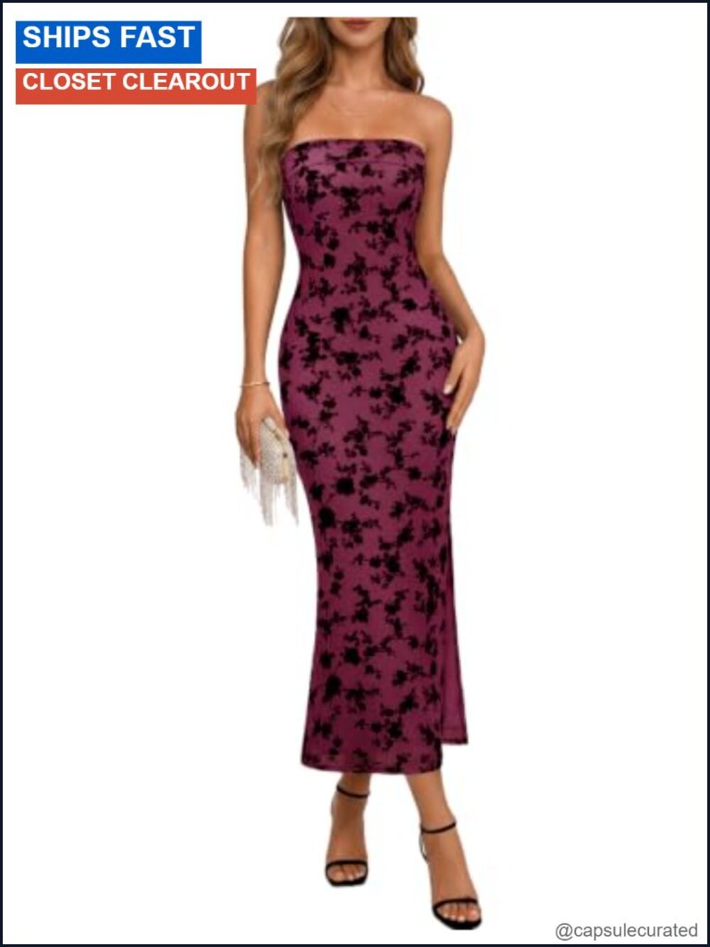 Velvet Flocked Mesh Strapless Maxi Bodycon Wedding Guest Dress